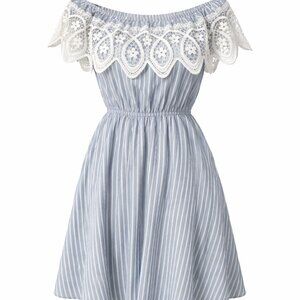 Blue & White Lace Off-Shoulder Dress- Small